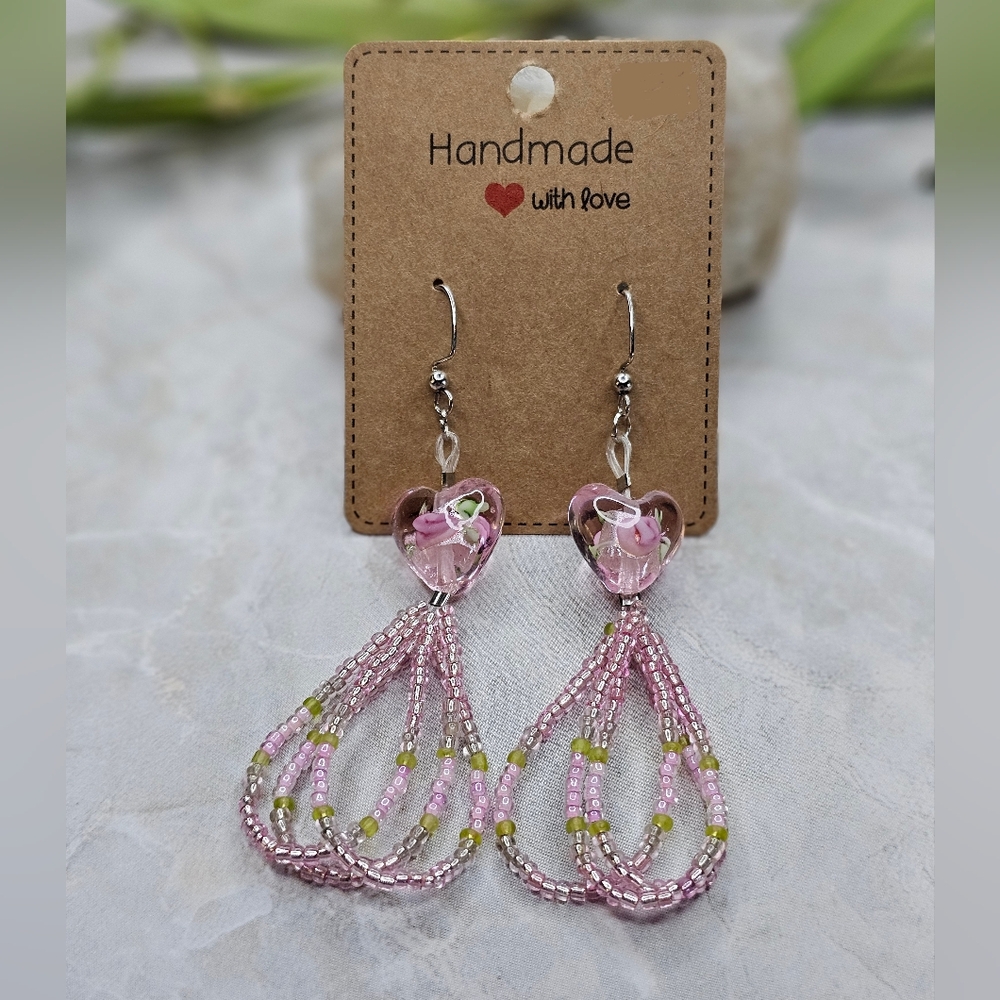 Glass Rose heart beaded dangle earrings.